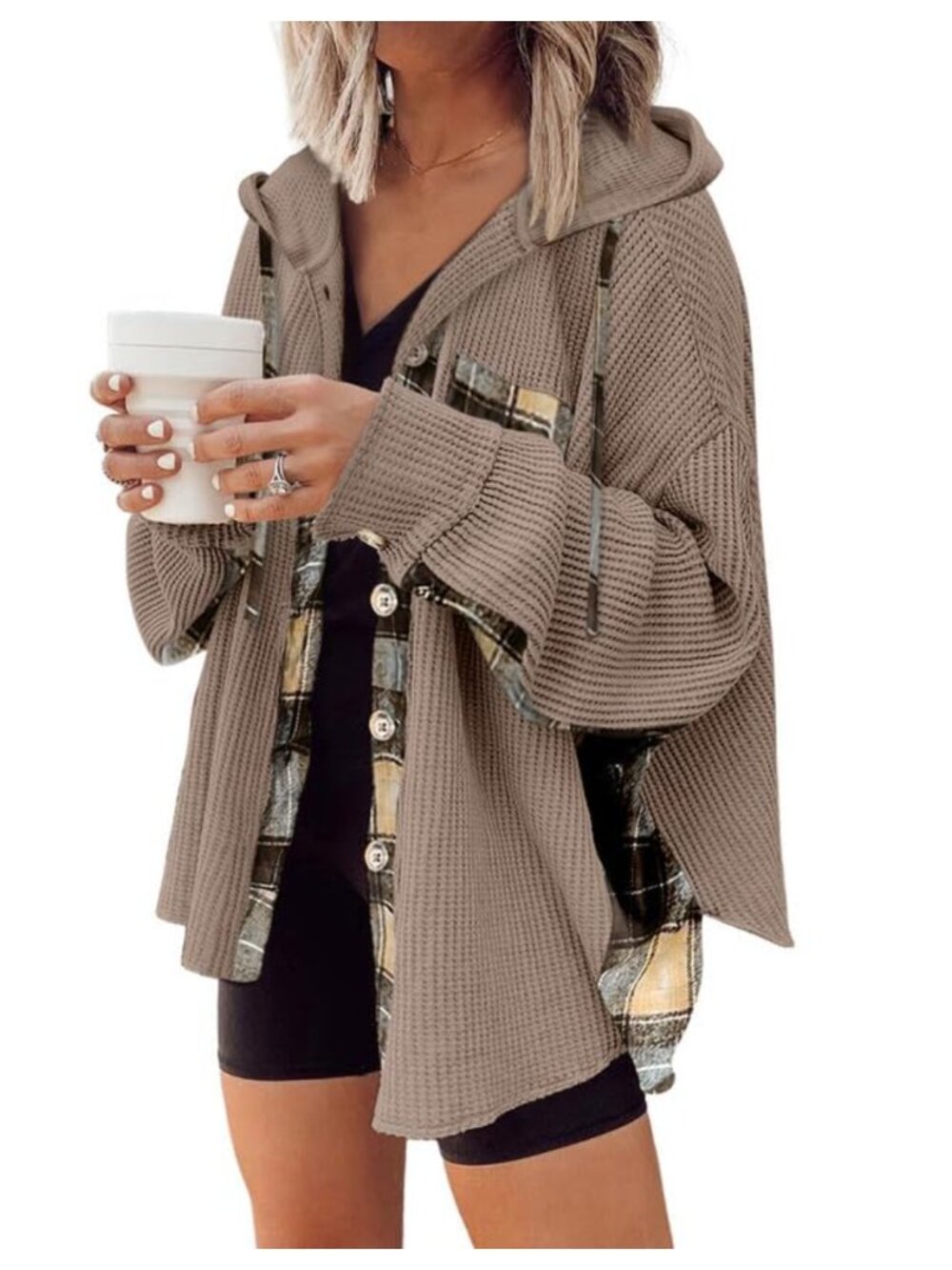Waffle Knit Plaid Shacket Button Down Hooded Jacket Loose Fit Long Sleeve